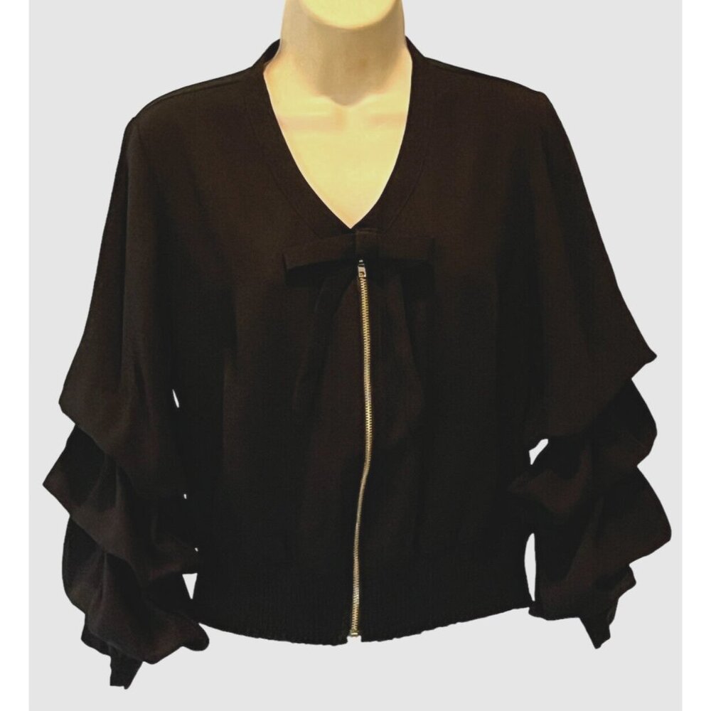 New Gracia Black Ruffle Sleeve V-Neck Zip Blouse Top - Picture 2 of 15